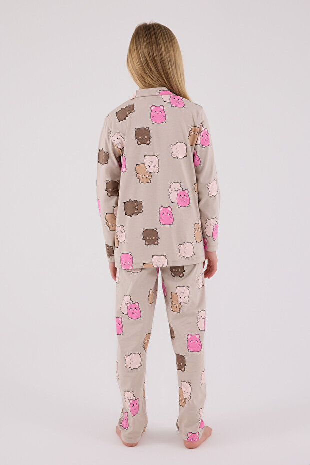 Kız Çocuk Bej Gömlek Pijama Takımı - 5