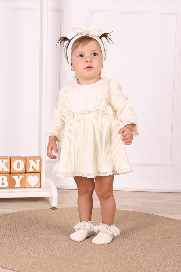 Beige Pile Collar Detailed Baby Girl Dress