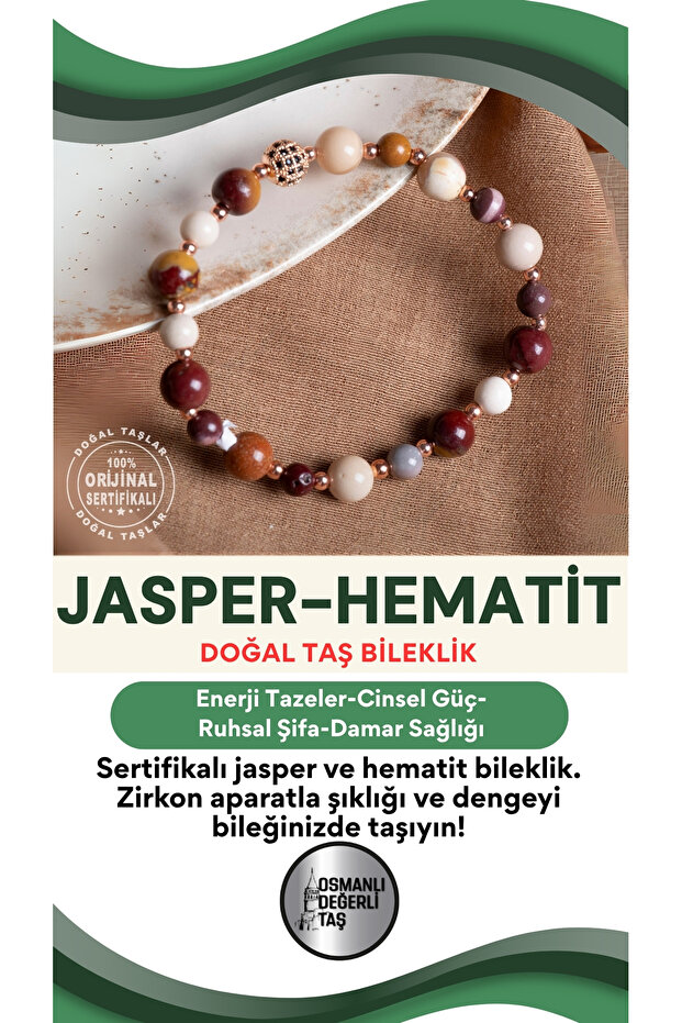 Certified Jasper-Hematite Natural Stone Bracelet with Zircon Apparatus 6-8 mm