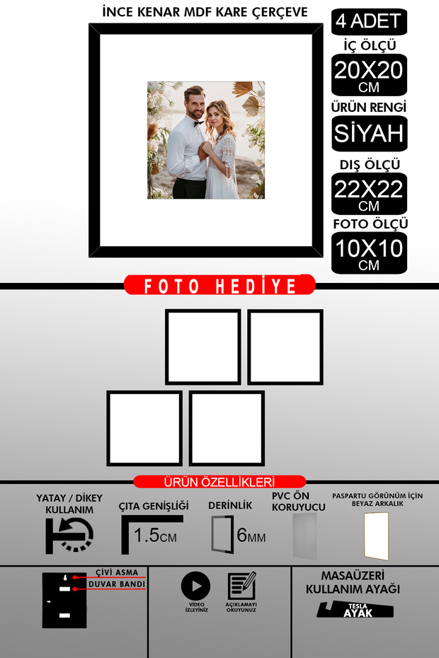 4 قطع إطار 20x20 - إطار شرائح رفيع - إطار أسود - إطار مربع - إطار صور