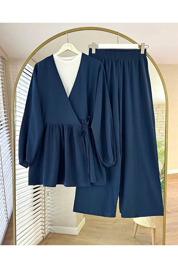 Women's Wrinkle Summer Tie-Up Oversize Double Suit Navy Blue Trousers Kimono Hijab Suit