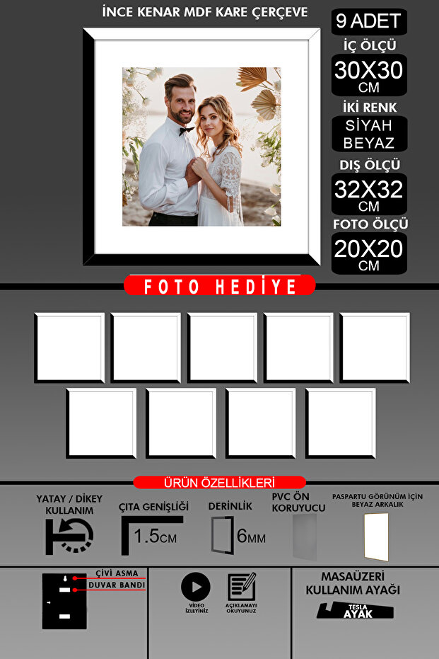 9 قطع بإطار 30 × 30 - إطار شرائح رفيع - لونان أسود وأبيض - إطار صور مربع