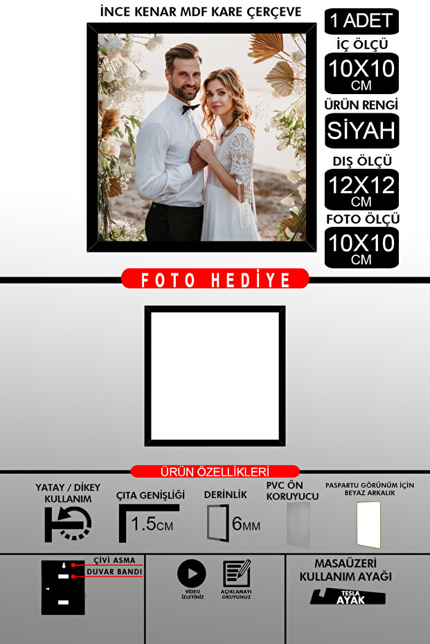 1 قطعة إطار 10X10 - إطار شرائح رفيع - إطار أسود - إطار مربع - إطار صورة