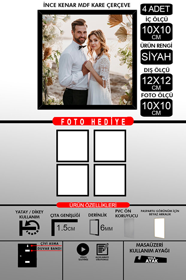 4 قطع إطار 10X10 - إطار شرائح رفيع - إطار أسود - إطار مربع - إطار صورة