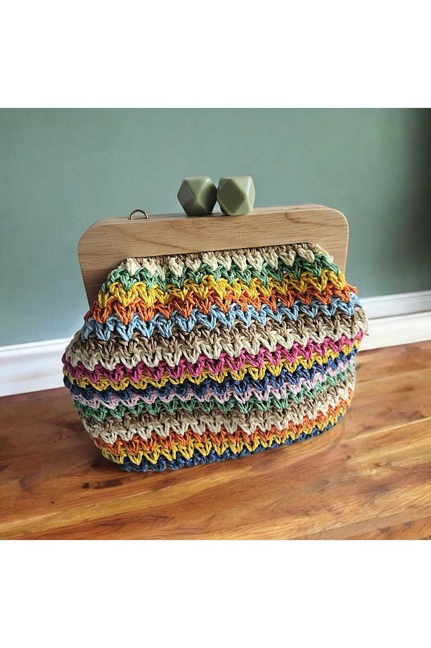 Renkli Desen Tasarım El Örgüsü Omuz Çantası Astarlı, Ahşap Saplı, Zincirli Handmade Clutch - 6