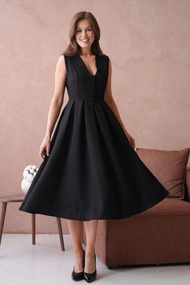 Black V-Neck Button Detailed Sleeveless Flared Dress 2182
