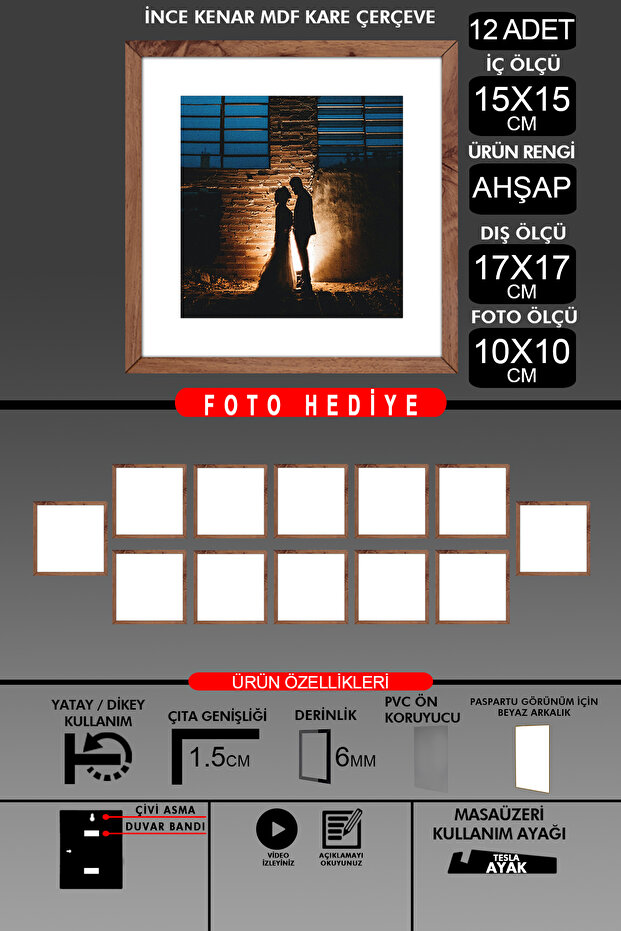 12 قطعة إطار 15x15 - إطار شرائح رفيع - إطار خشبي - إطار مربع - إطار صور