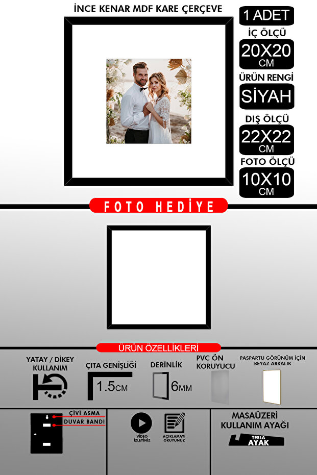 1 قطعة إطار 20x20 - إطار شرائح رفيع - إطار أسود - إطار مربع - إطار صور