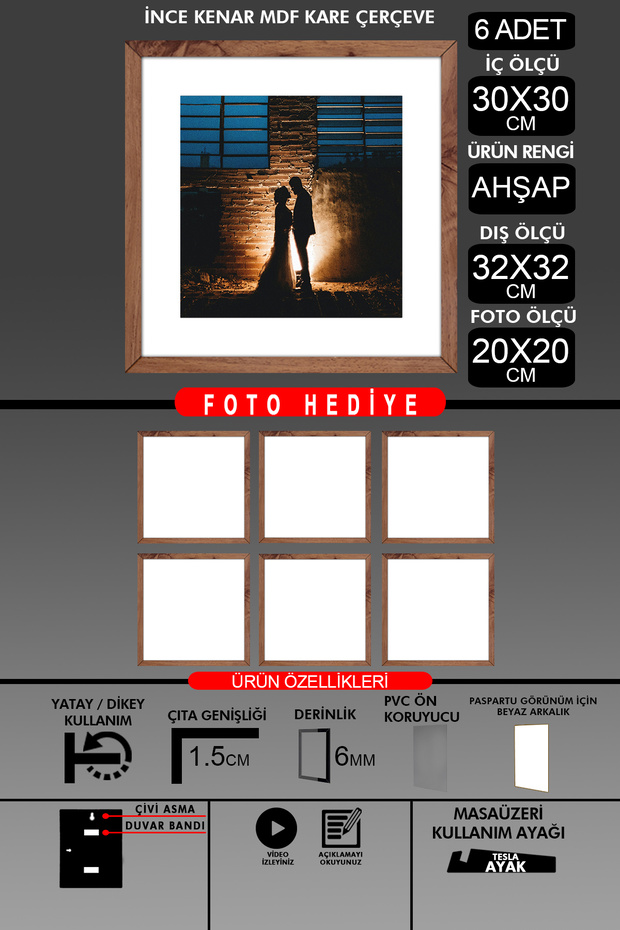 6 قطع إطار 30x30 - إطار شرائح رفيع - إطار خشبي - إطار مربع - إطار صور