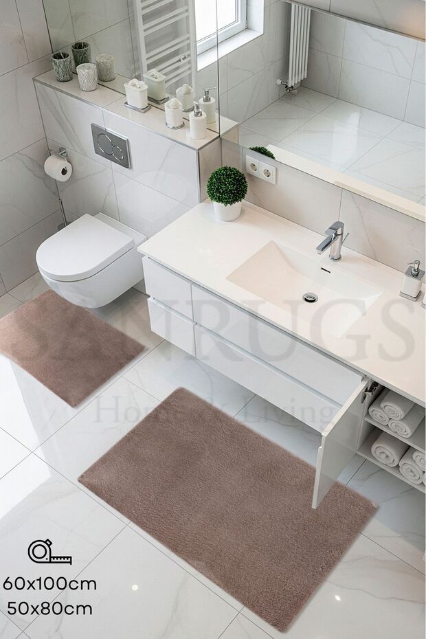 60X100Cm and 50X80Cm 2-Piece Bath Mat Set Plush Furry Non-Slip Base Washable