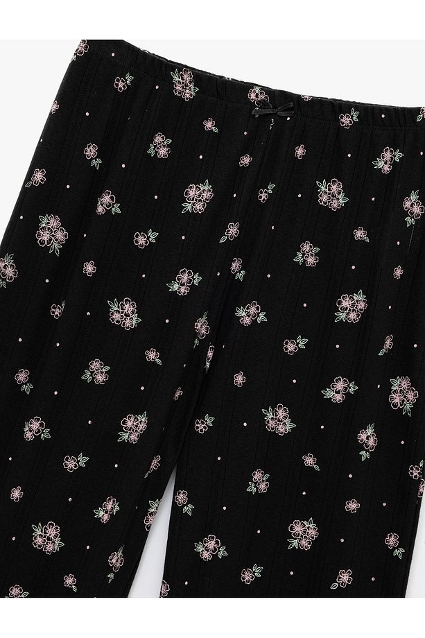 Pamuklu Düz Bol Paça Çiçekli Pijama Altı - 3