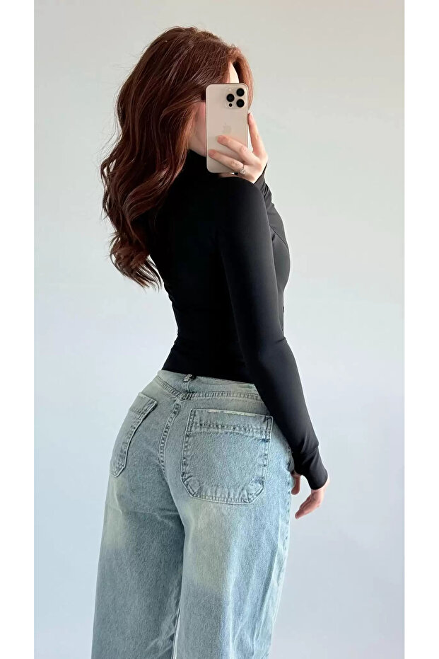 Rover Basic Slim Fit Fermuarlı Bluz - 3