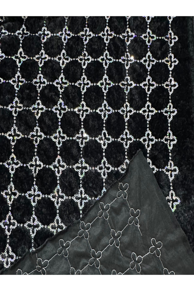 Siyah Payet İşlemeli Geometrik Desenli Tay Tüyü Kumaş – Parlak ve Şık Doku – En 150 cm - 3