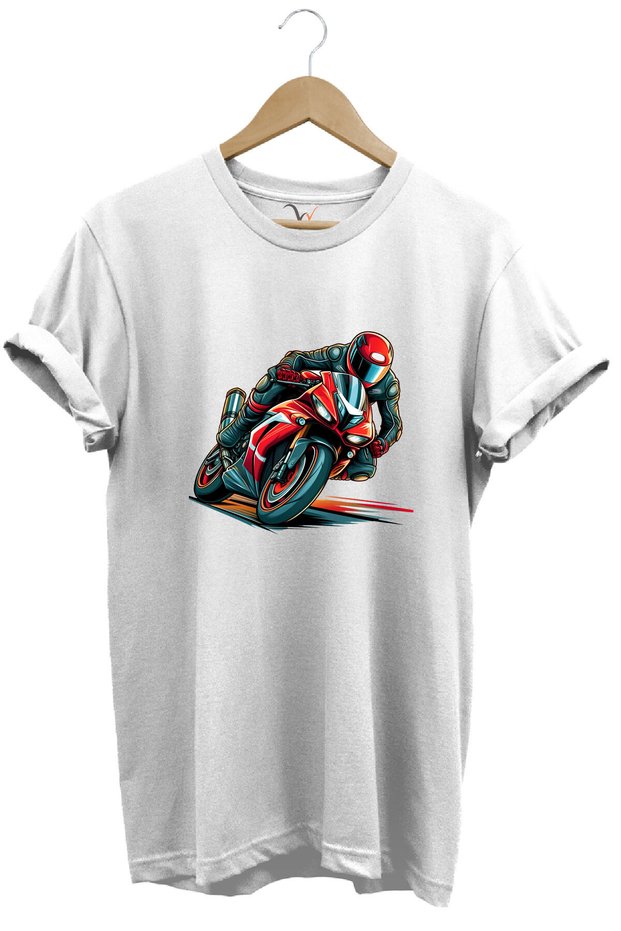 Red Racing Motorcycle Printed 100% Cotton Regular Fit Unisex T-Shirt