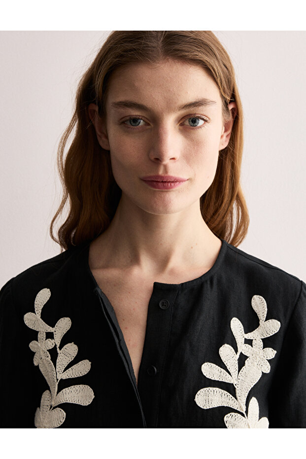 Saf Keten Nakışlı Mini Shift Elbise - 2