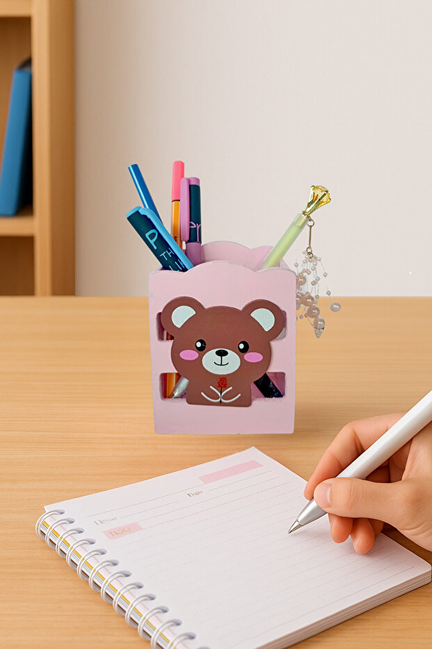 Wooden Desktop Pen Holder Cute Bear Pink - 1 Piece