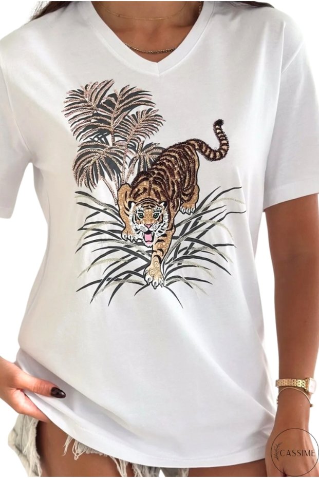 Women's White V-Neck Leopard Sequin Sequin Embroidered 100% Cotton Plus Size T-Shirt