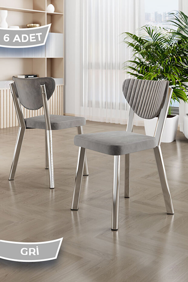 Arfe Serisi 6 Adet Gri Mutfak Sandalyesi Krom Kaplama Metal Ayak 1. Sınıf Babyface Kumaş - 1