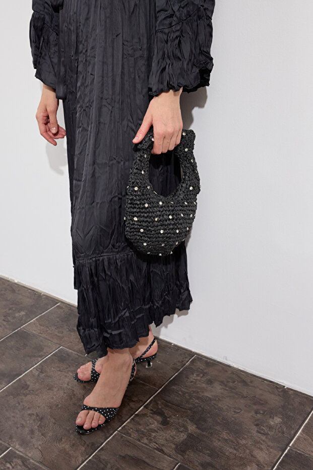 Taşlı Hasır Çanta Siyah - 3