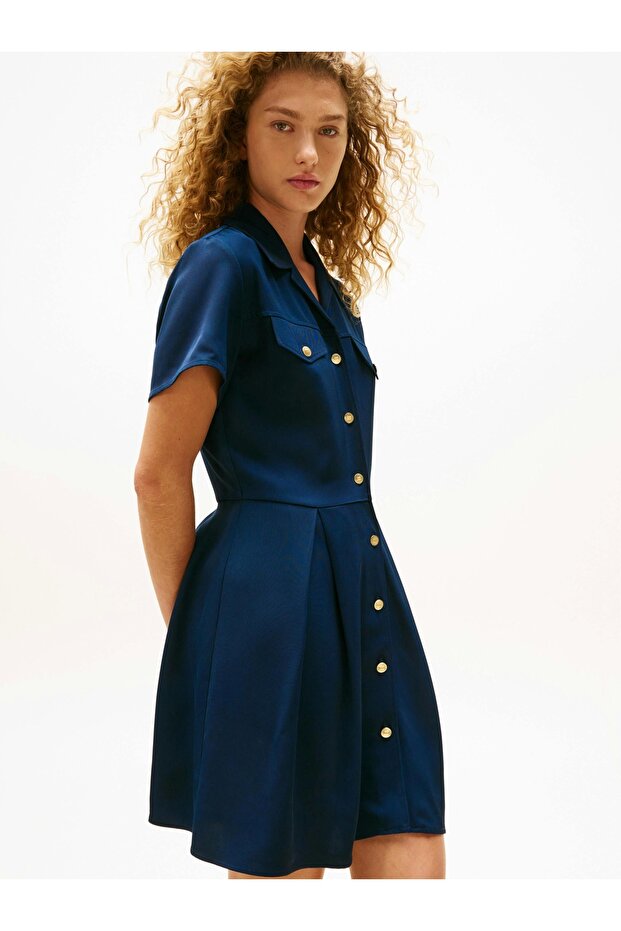 Női viszkóz twill rövid ujjú, kiszélesedő mini kék ruha WW0WW45819C1G - 3