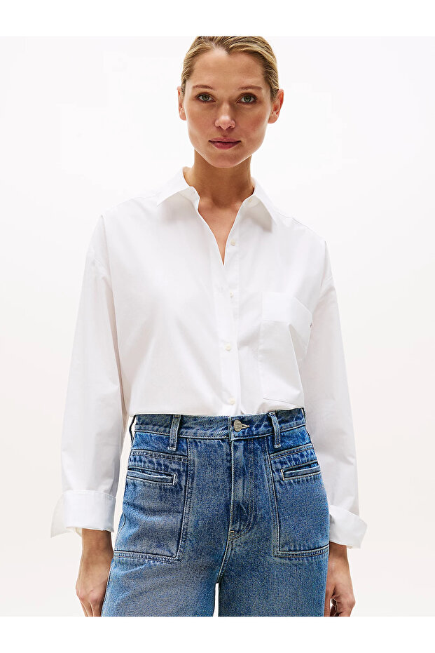 Női klasszikus poplin alkalmi szabású fehér ing WW0WW45892YCF - 1