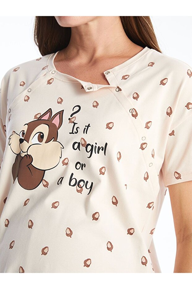 LCW DREAM Bisiklet Yaka Baskılı Kısa Kollu Hamile Gecelik - 3