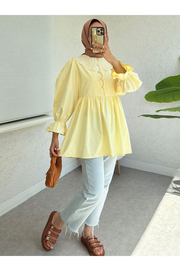 Kolu Lastikli Organze Bebe Yaka Yarım Düğmeli Tunik -Sarı - 2