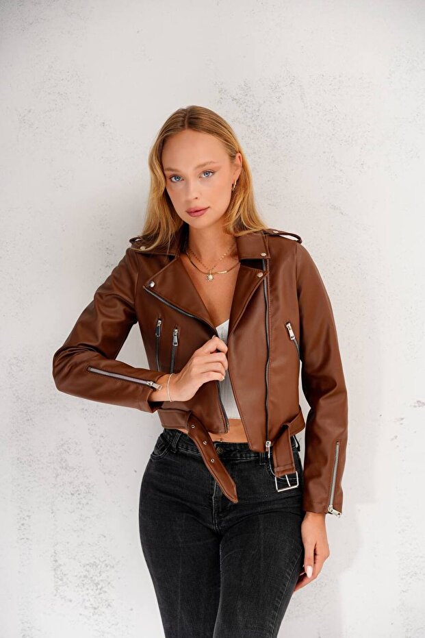 Women's Tan Zipper and Belt Detail Leather Jacket