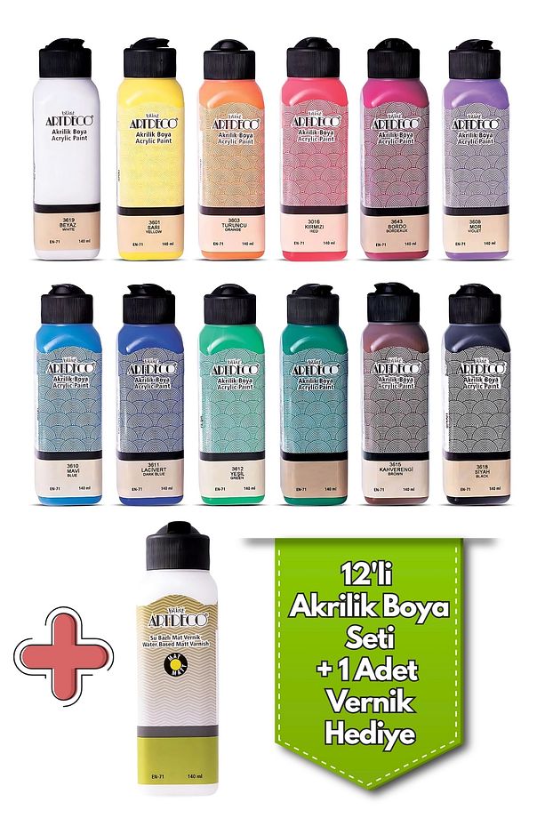 Art Deco 12'li 140 ml Akrilik Boya Seti - Ana Renkler + Su Bazlı Parlak Vernik HEDİYELİ - 1