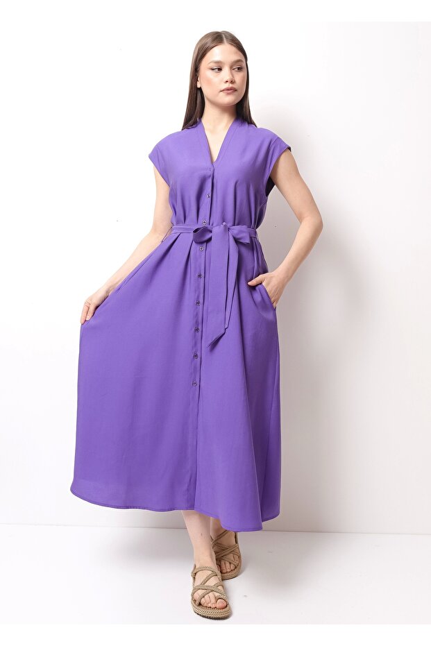Şık Yazlık Bel Bağcıklı Mor Kadın Midi Elbise - 6