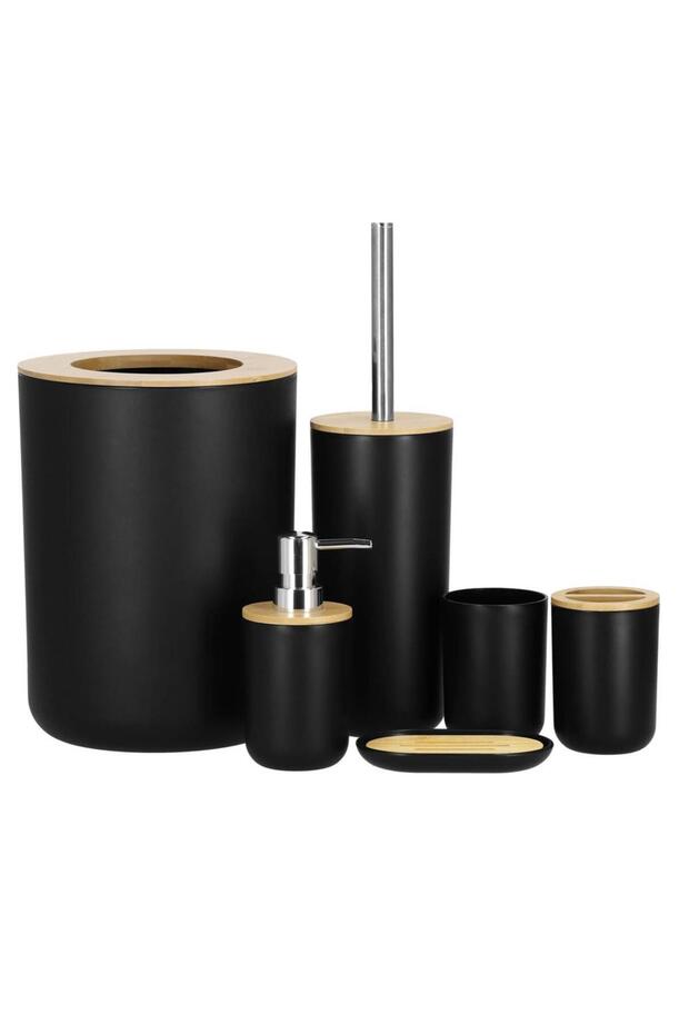 Round plastic bathroom accessory set with bamboo elements, 6 pieces, black - 1