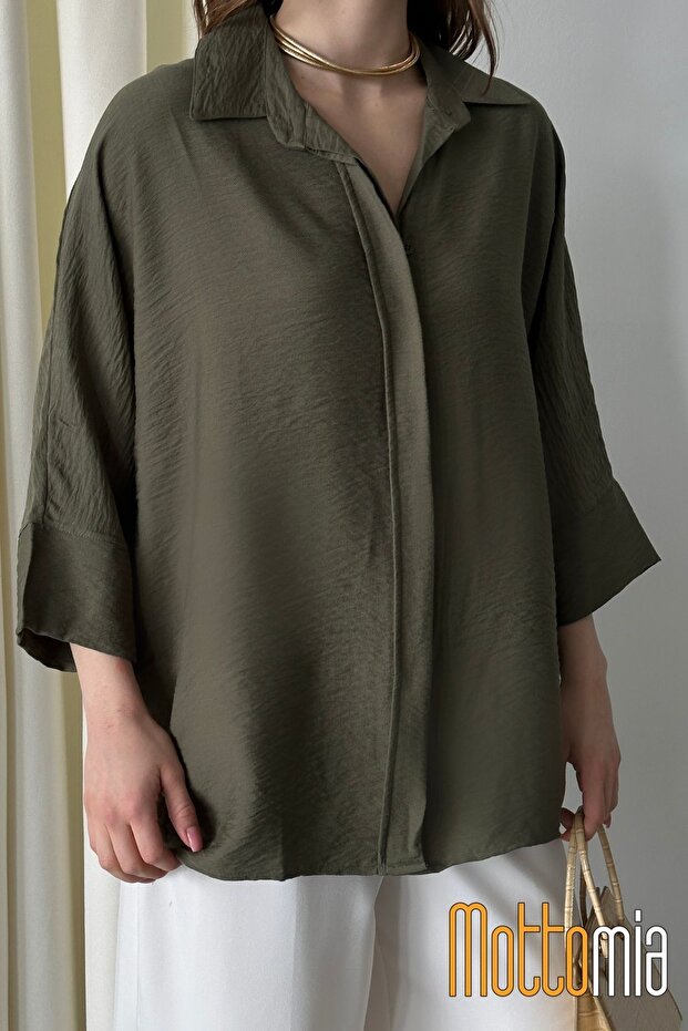 Women's Linen Buttoned Shirt |   Summer Comfortable Cut Patched Front Detailed Natural Fabric