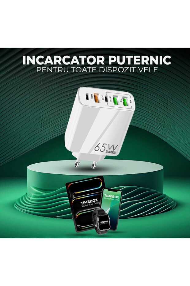 Încărcător de rețea, 5 porturi, încărcare rapidă 65W, 3 x USB, 2 x Tip-C, cablu de date USB-C inclus, adaptor universal C - 9