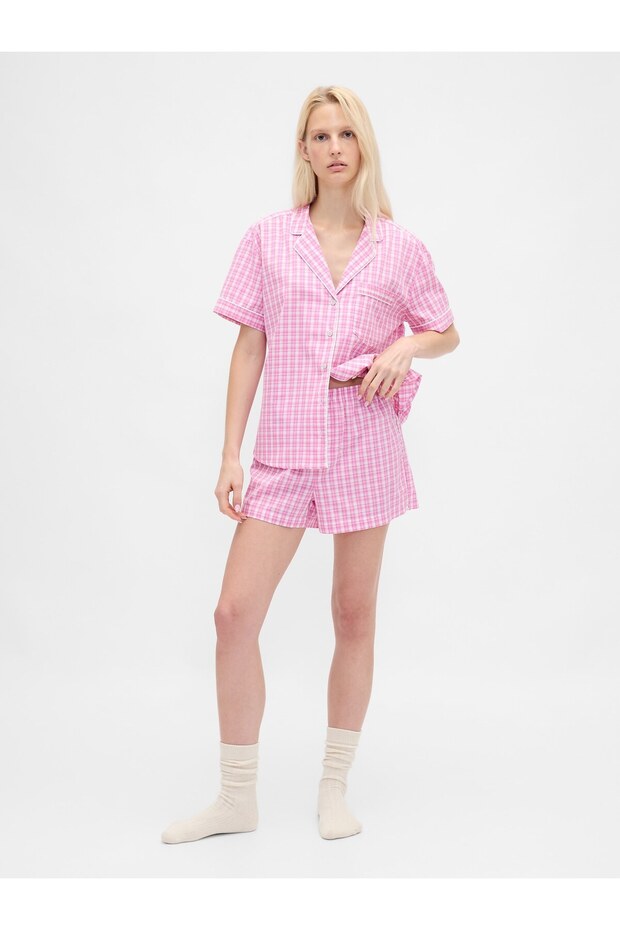 Kadın Pembe Poplin Pijama Boxer Şort - 1