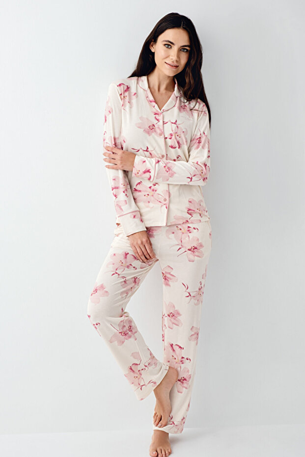 Women's Winter Regular Fit Cream Shirt Pajama Set Pc9056-S-V1