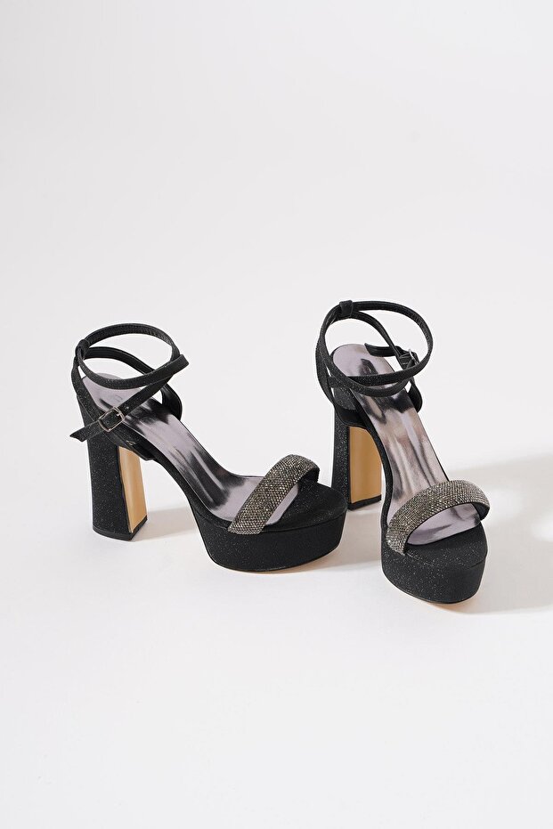 Lomens Single Strap Plt Stone Women's Evening Dress Shoes Black Glitter