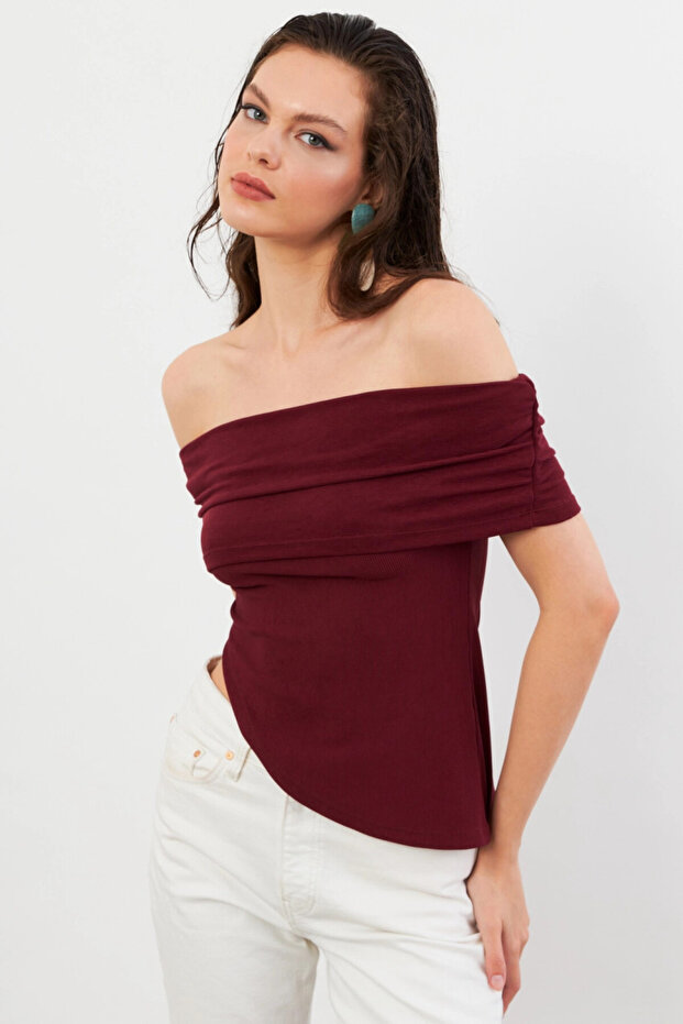 Women's Burgundy Asymmetrical Madonna Collar Blouse Ops4251