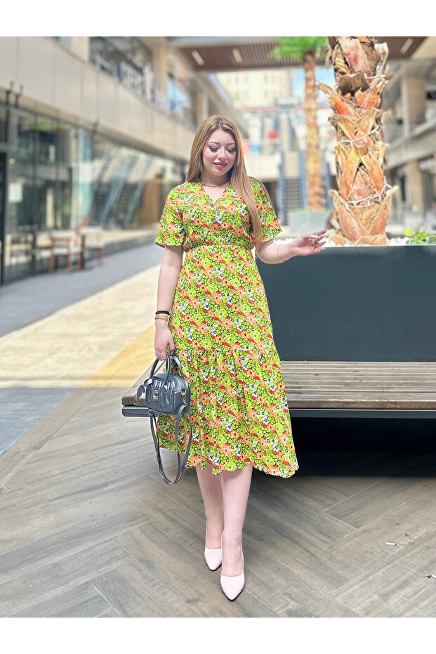 Çiçek Desenli Yeni Sezon Midiboy Elbise %100 Pamuk Elbise - 1