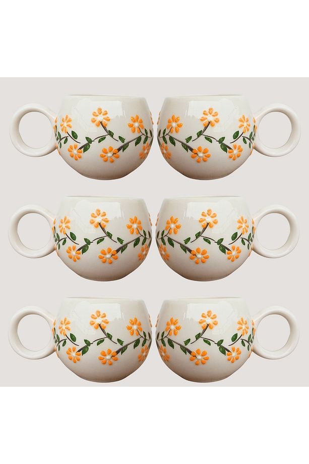 Papatyalı Altılı Fincan Set 200 ml, Kütahya Çini Desenli Kahve Çay Fincanı Hediyelik Sofra Seti - 1