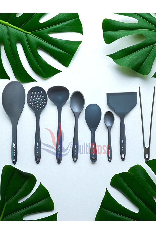 Ivory Heat Resistant Silicone Colander, Ladle, Spatula, Spoon, Tongs Set (30-28-22-20 cm) 8 Pieces