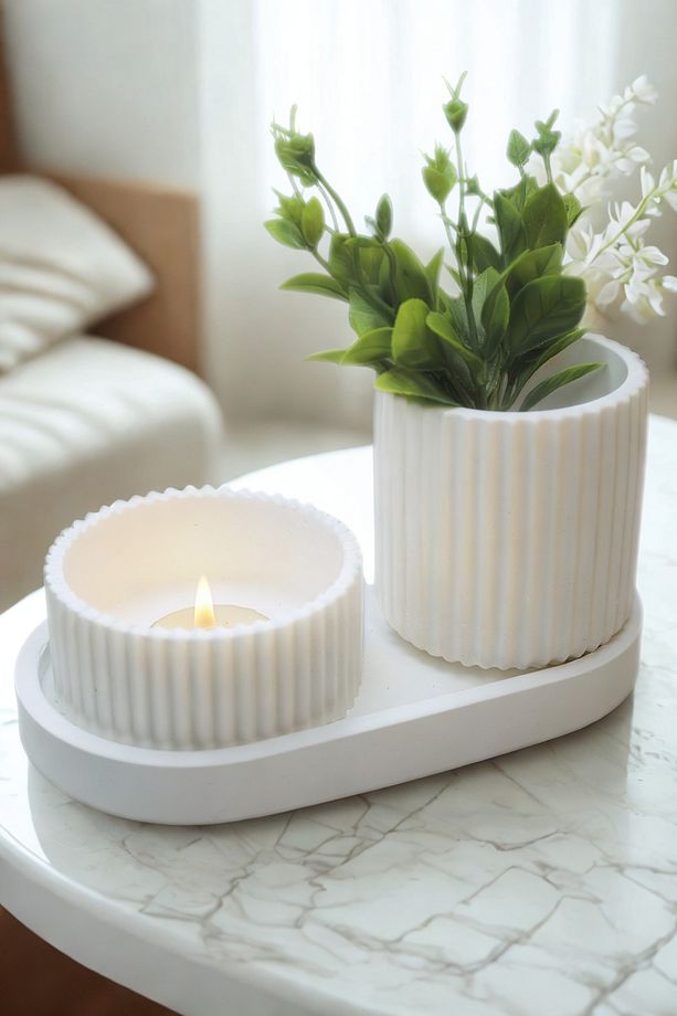 Dekoratif 3’lü Set Küçük Saksı + Tealight Mumluk + Tepsi Modern Ev & Masa Üstü Dekoru - 6