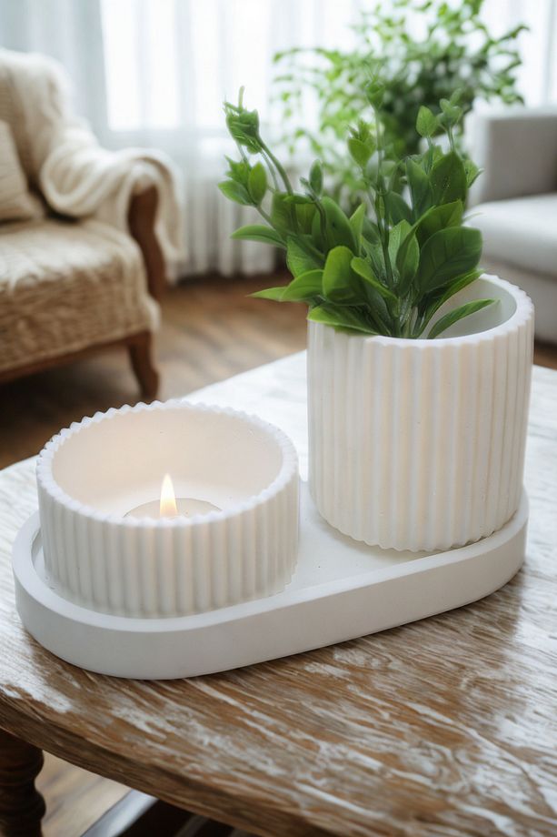 Dekoratif 3’lü Set Küçük Saksı + Tealight Mumluk + Tepsi Modern Ev & Masa Üstü Dekoru - 4