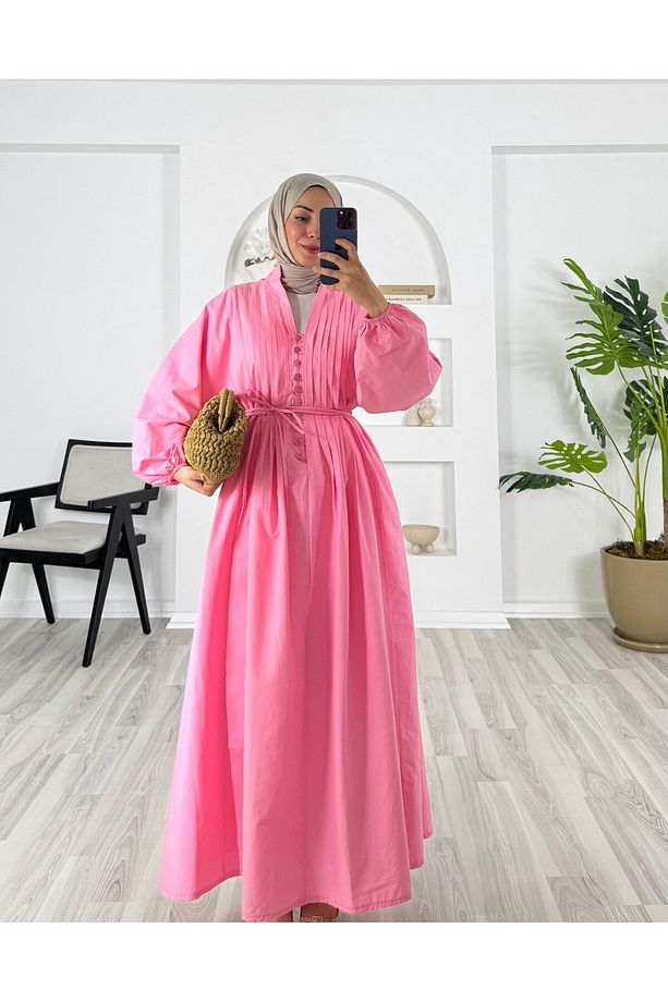 POPLİN KUMAŞ ÖNÜ NERVÜLLÜ BİYELİ ELBİSE PEMBE - 6