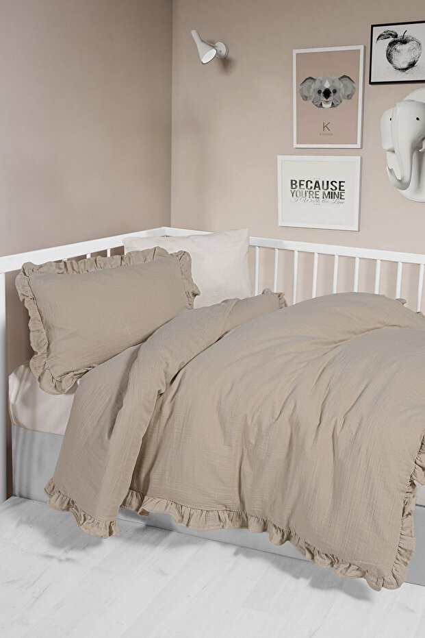 Ruffled 100% Cotton Muslin Baby Duvet Cover Set - Beige