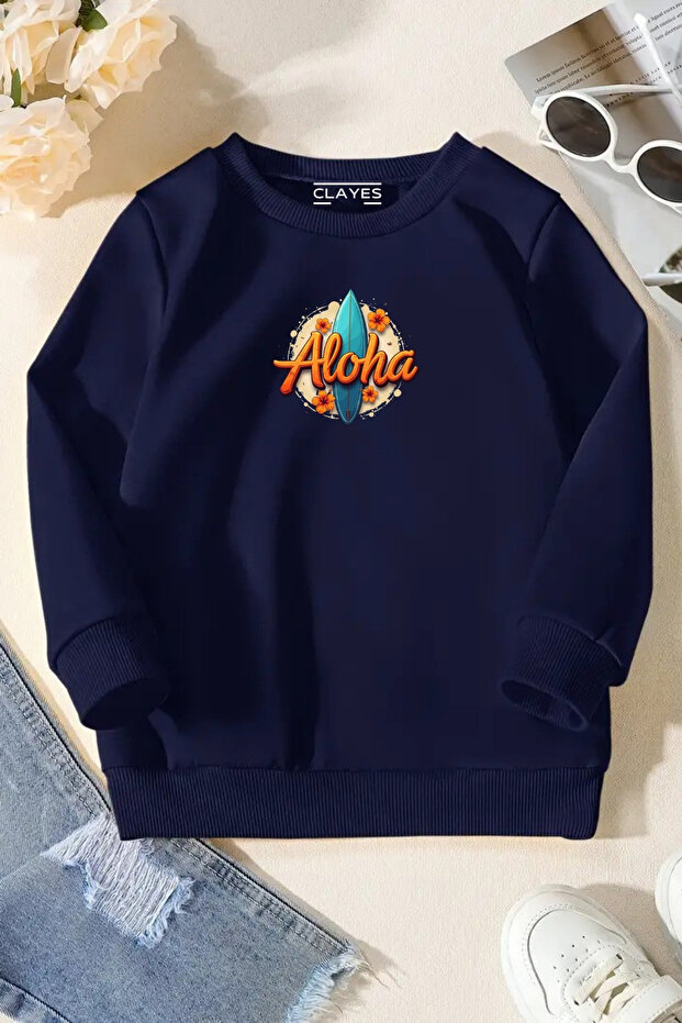 Unisex Navy Blue Kids Crew Neck Sweatshirt – Aloha, Printed Thick Fabric
