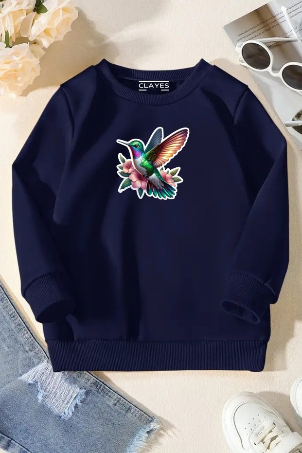 Unisex Navy Blue Children's Crew Neck Sweatshirt – Sparrow, Printed Thick Fabric