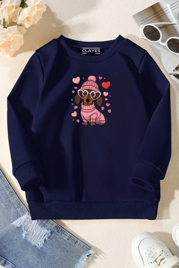 Unisex Navy Blue Kids Crew Neck Sweatshirt – Heart Dog, Printed Thick Fabric