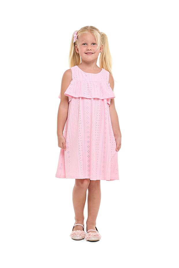 Schiffli Sleeveless Dress with Crew Neck