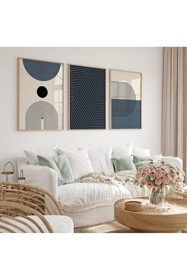 Lacivert Gri 3’lü Geometrik Duvar Tablosu – Modern Ahşap Çerçeveli Minimal Set - 4