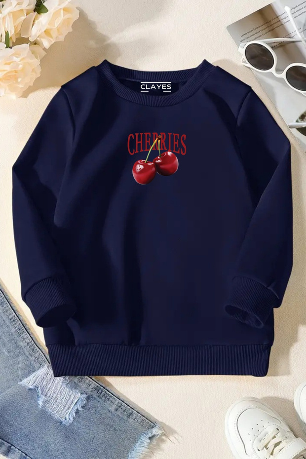 Unisex Navy Blue Children's Crew Neck Sweatshirt – Cherries, Printed Thick Fabric